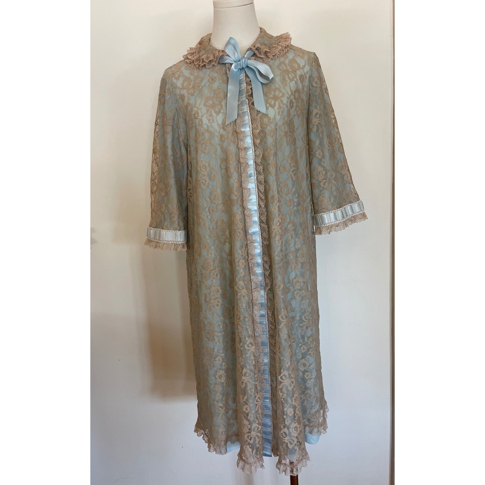 VTG Odette Barsa Peignoir Blue Cream Lace Overlay Lingerie Robe House Coat 60s